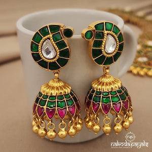 Green Mango with Peacock Long Neckpiece with Earring (Gn7346)