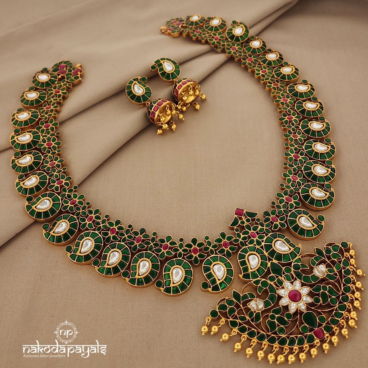 Rani Haar Green Kundan Mango with Peacock Long Neckpiece with Earrings (Gn7348)