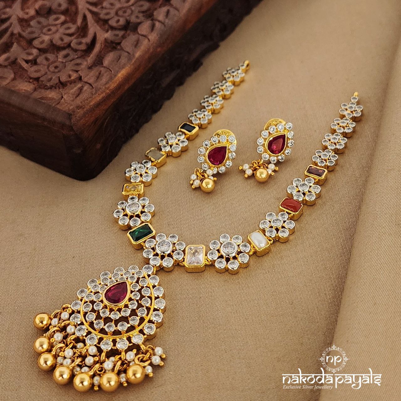 Navarathna Floral Drop Short Neckpiece with Earrings (Gn7350)