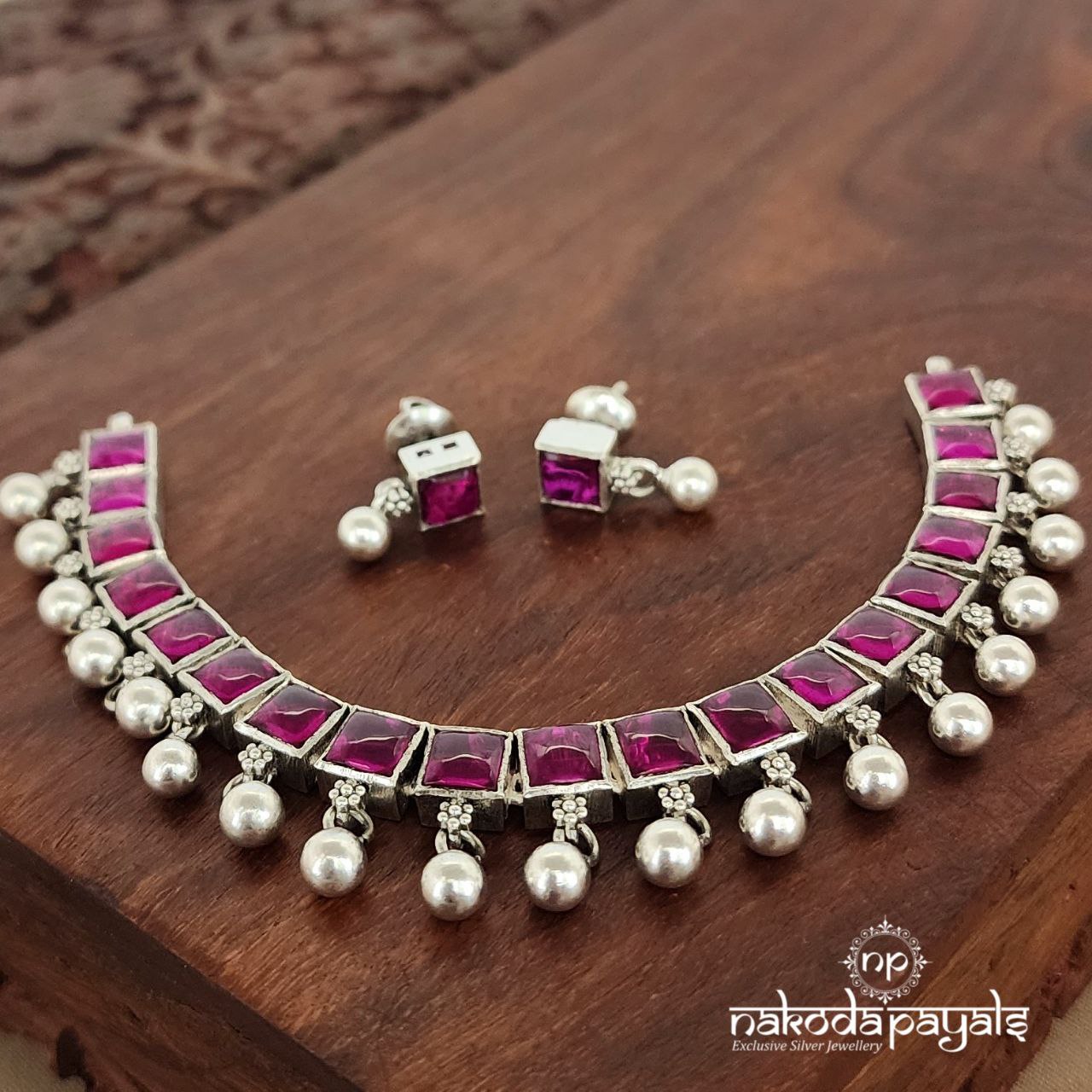 Pink Rectangular Choker with Earring (N9672)