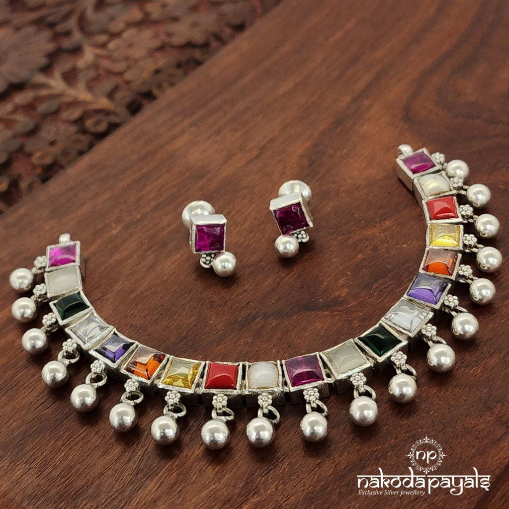 Navarathna Rectangular Choker with Earring (N9673)