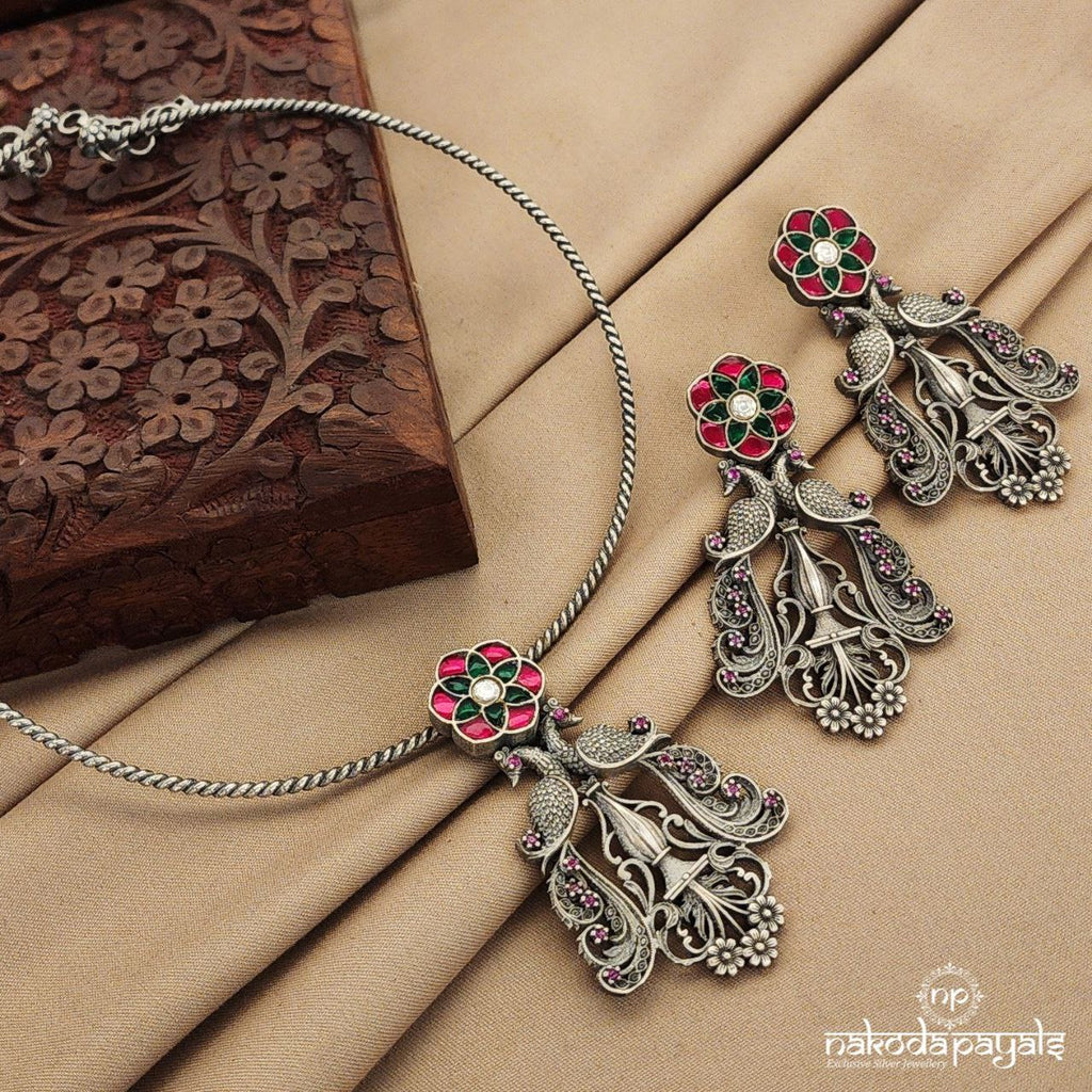 Green & Pink Floral Peacock Hasli with Earrings (N9682)