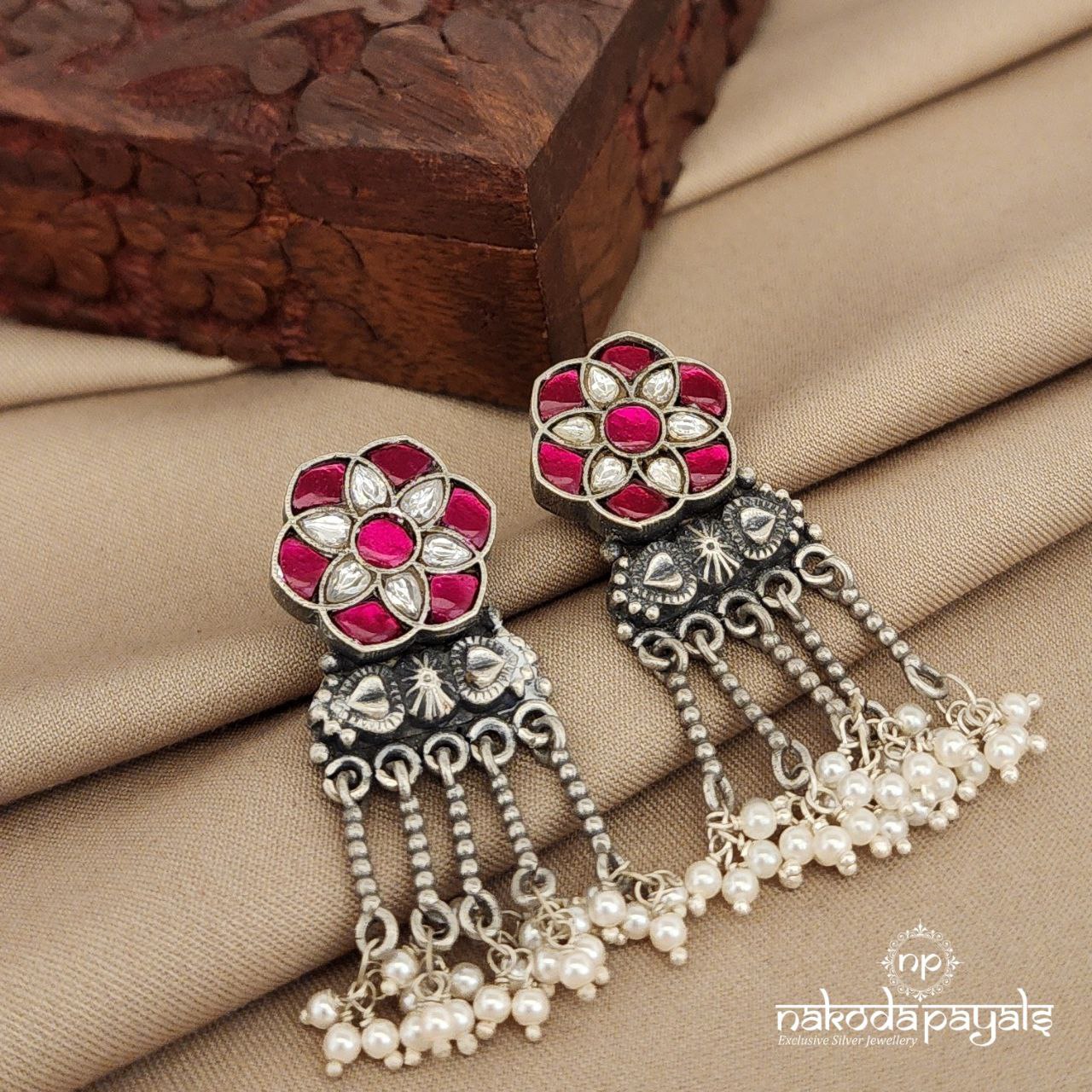 White & Pink Floral Kundan Chandbali (C7845)