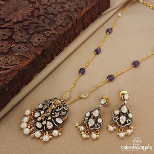 Sri Krishna Moissanite & Amethyst Long Neckpiece with Earrings (Gn7384)