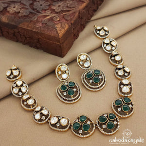 Green Floral Moissanite Short Neckpiece with Earrings (Gn7385)