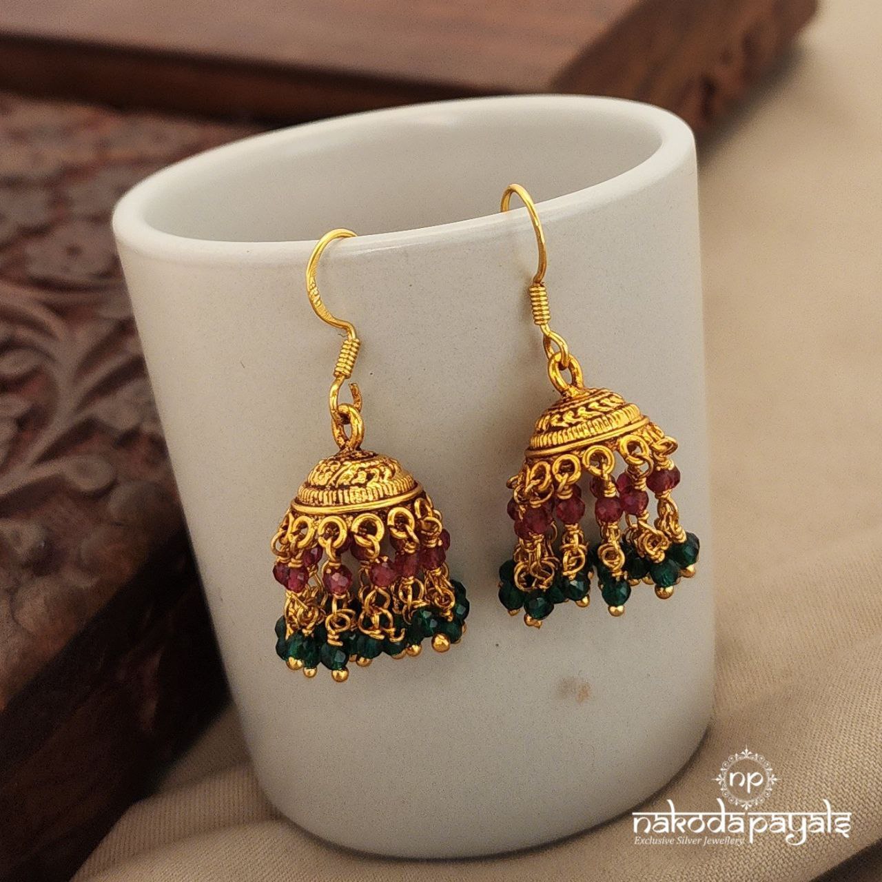 Pink & Green Beads Jhumka with Hangings (Ge7908)