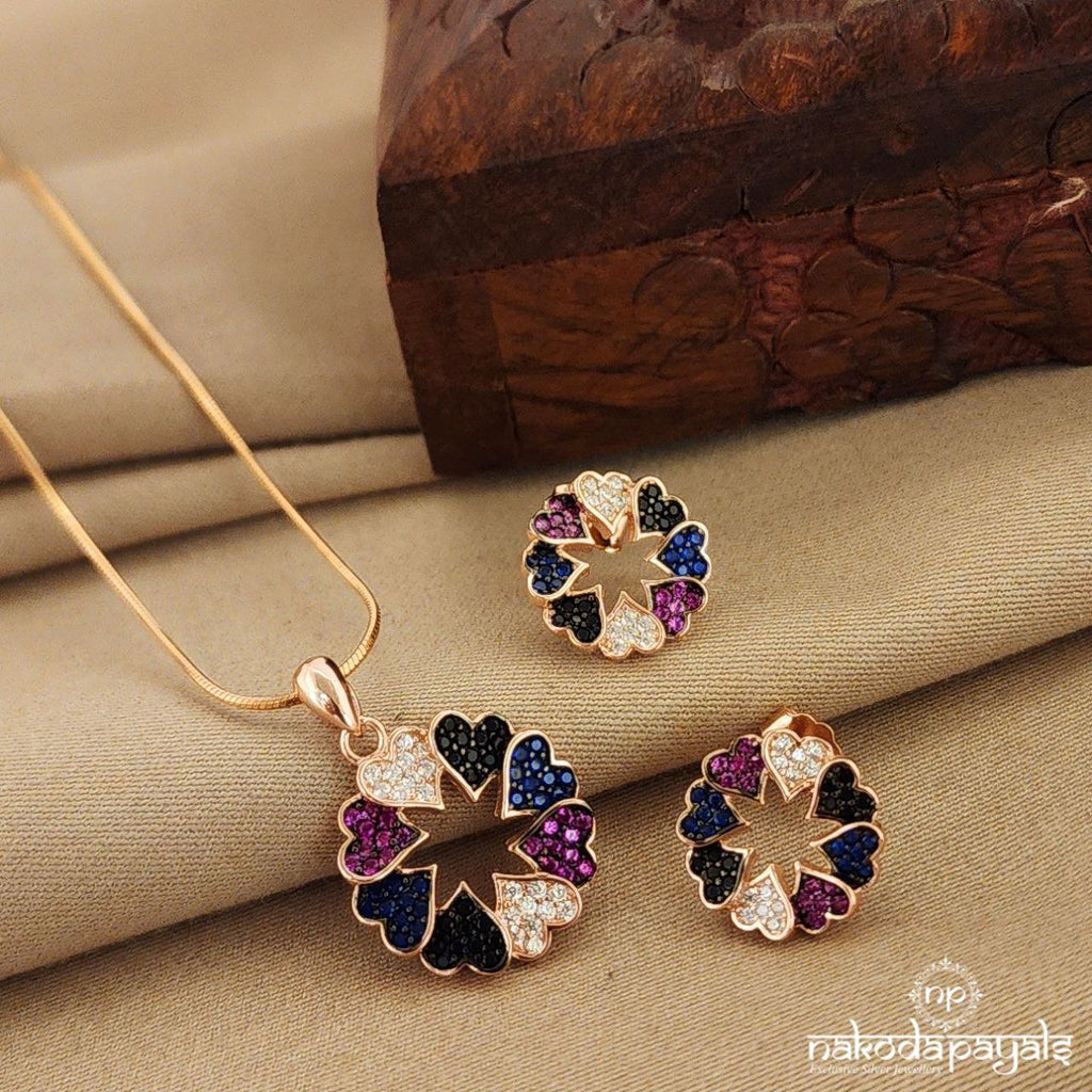 Multicolored Circular Heart Rosegold Pendant Set (St2608)