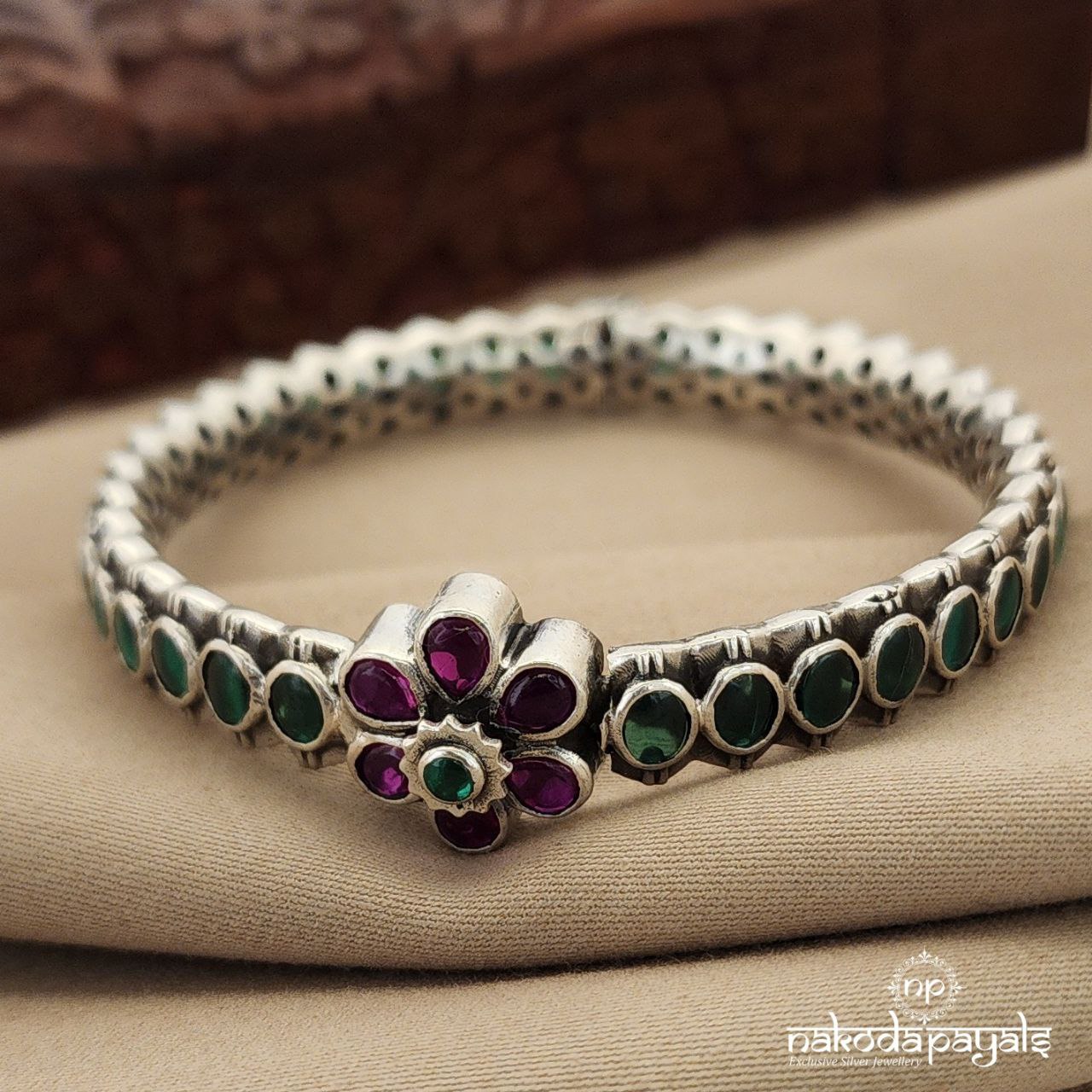 Circular Green with Pink Floral Openable Screw Kada Single (K4686)