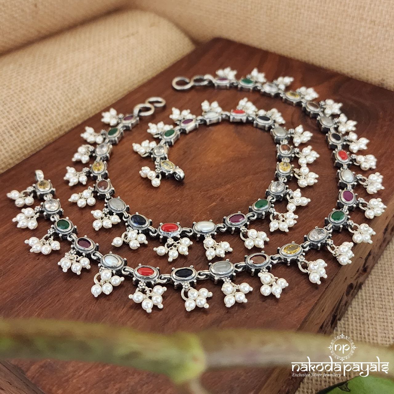 Oval Navratna And Pearls Anklet(A5710)