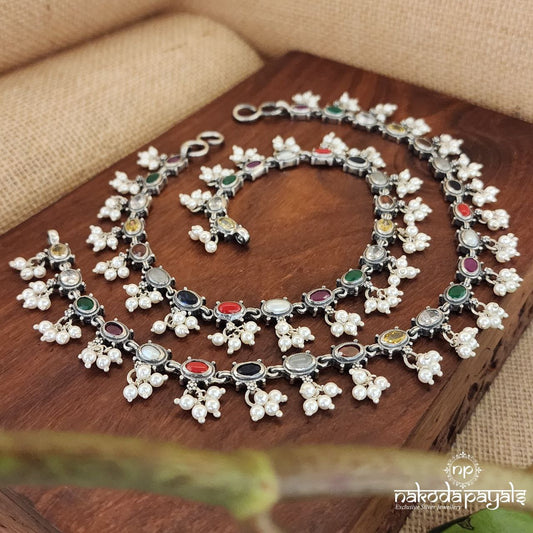 Oval Navratna And Pearls Anklet(A5710)