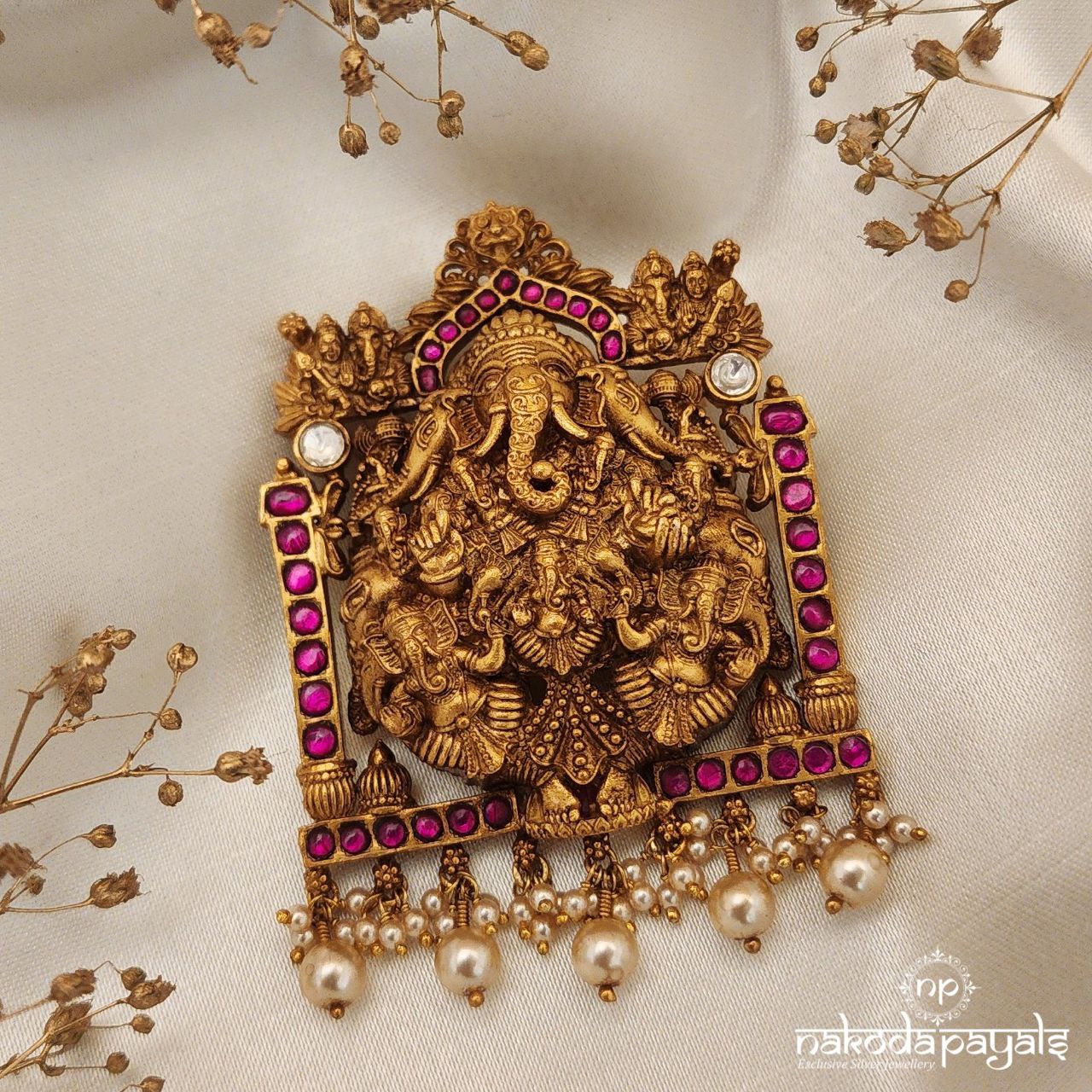 Ganesha Pearl Drops Kundan Pendant (Gp1844)
