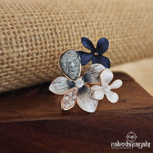 Blue White Floral Rosegold Finger Ring (F2561)