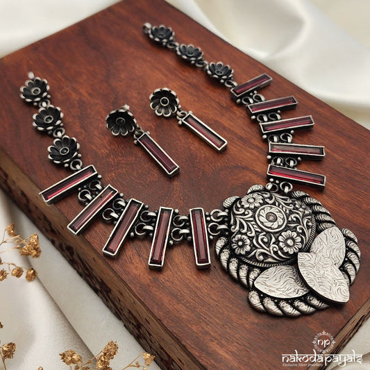 Tubular ared Tribal Dark Antique finish Neckpiece With Earrings (N10528)