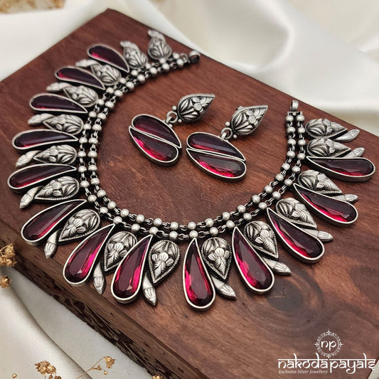 Offbeat pink Drops Tribal Neckpiece With Earrings (N10524)