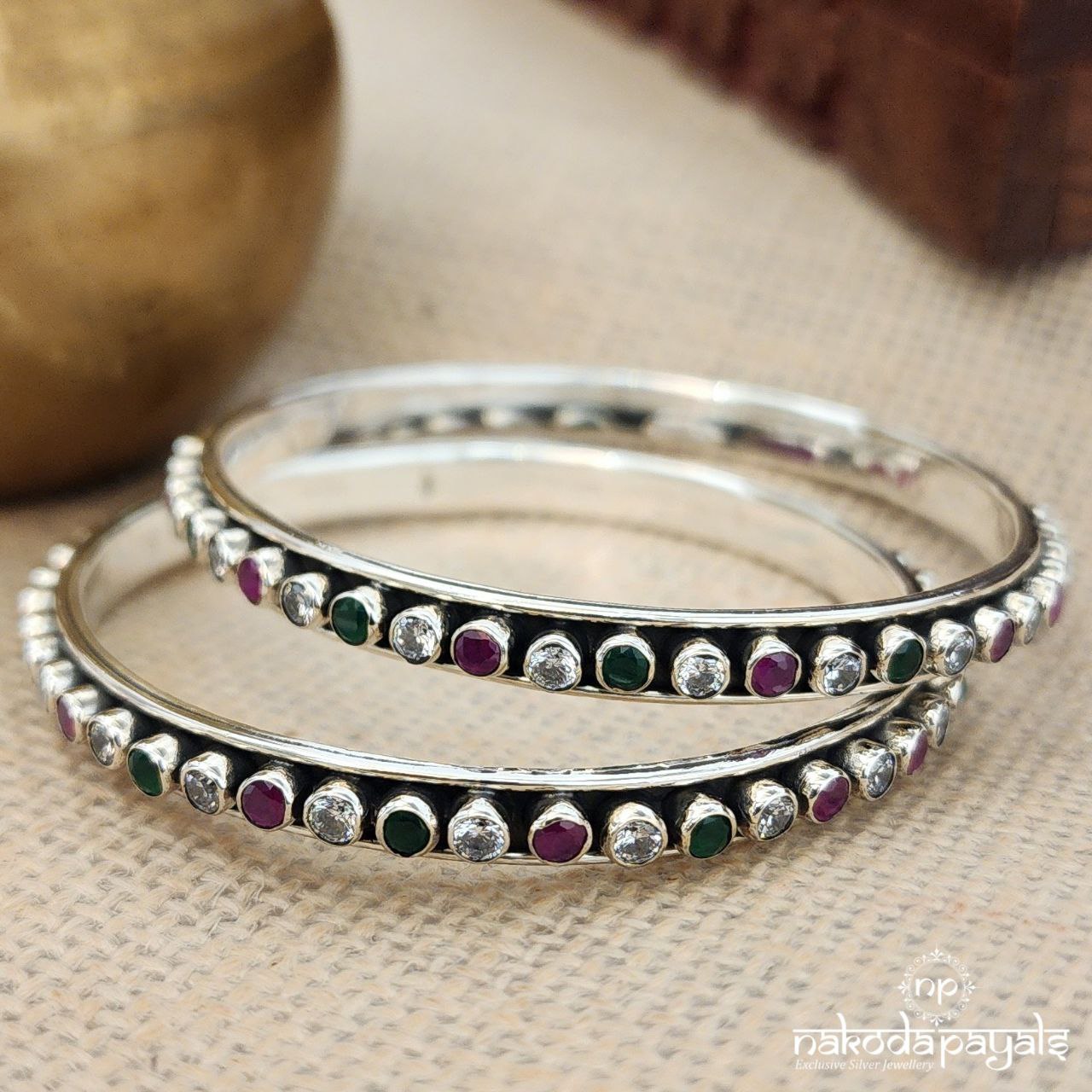 Multicolored Cutstone Thick Bangle Pair (K5160)