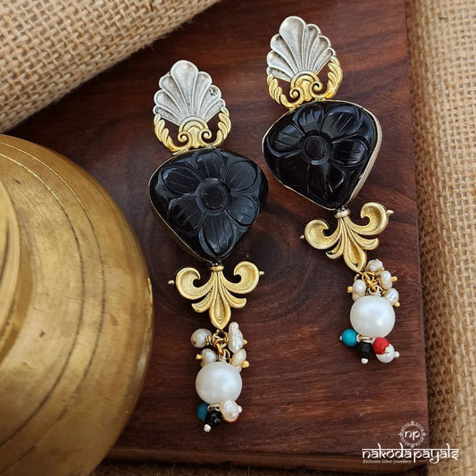 Dual Tone Flower Earrings With Fresh Water Pearls(Ge9221)