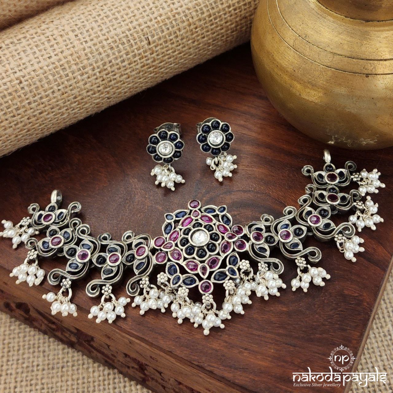 Blue & Pink Combination Pearled Choker With Earrings (N10786)