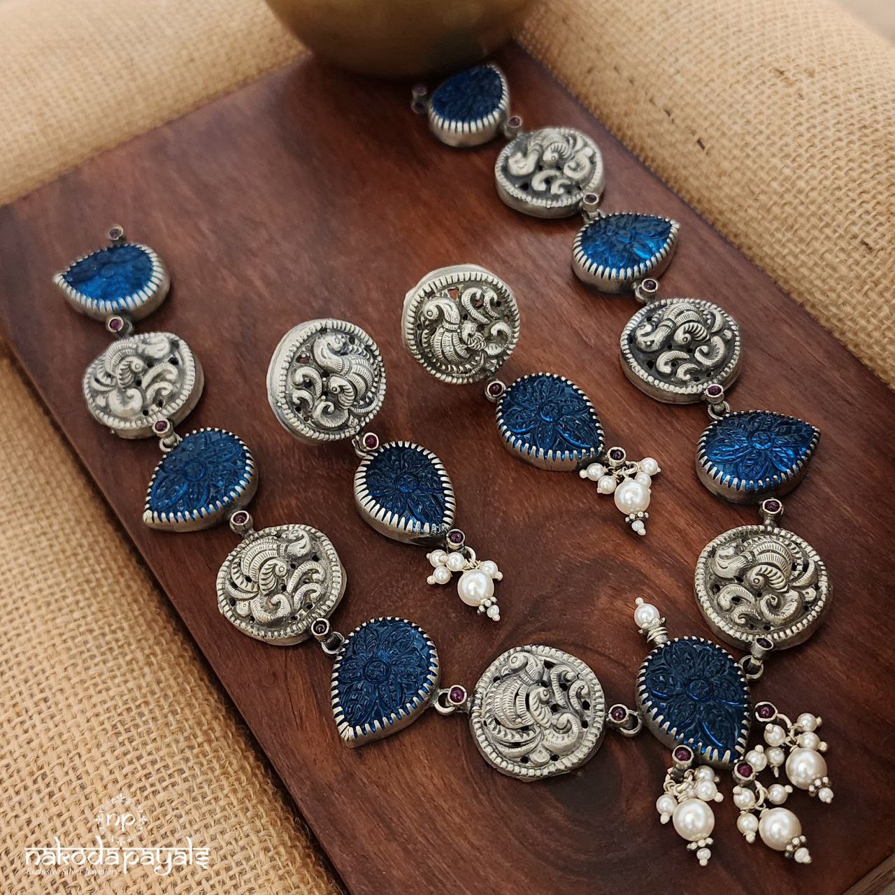 Light Blue Peacock Neckpiece With Pearl's And Earrings (10307)