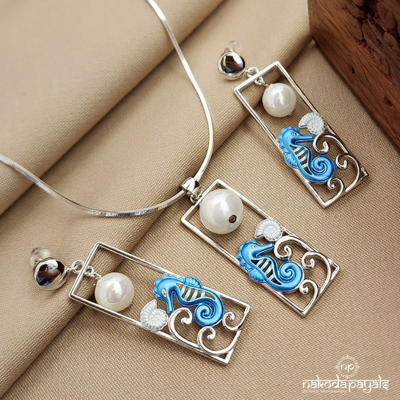 Rectangular Blue Sea Horse Pendant Set (St3493)