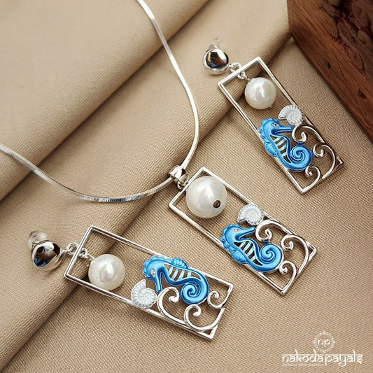 Rectangular Blue Sea Horse Pendant Set (St3493)