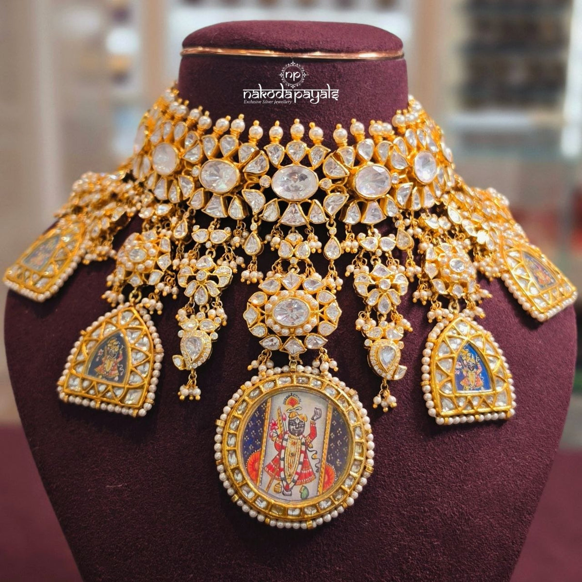 Celestial Moissanite Shreenathji Choker  Neckpiece With Jhumka (Gn10860)