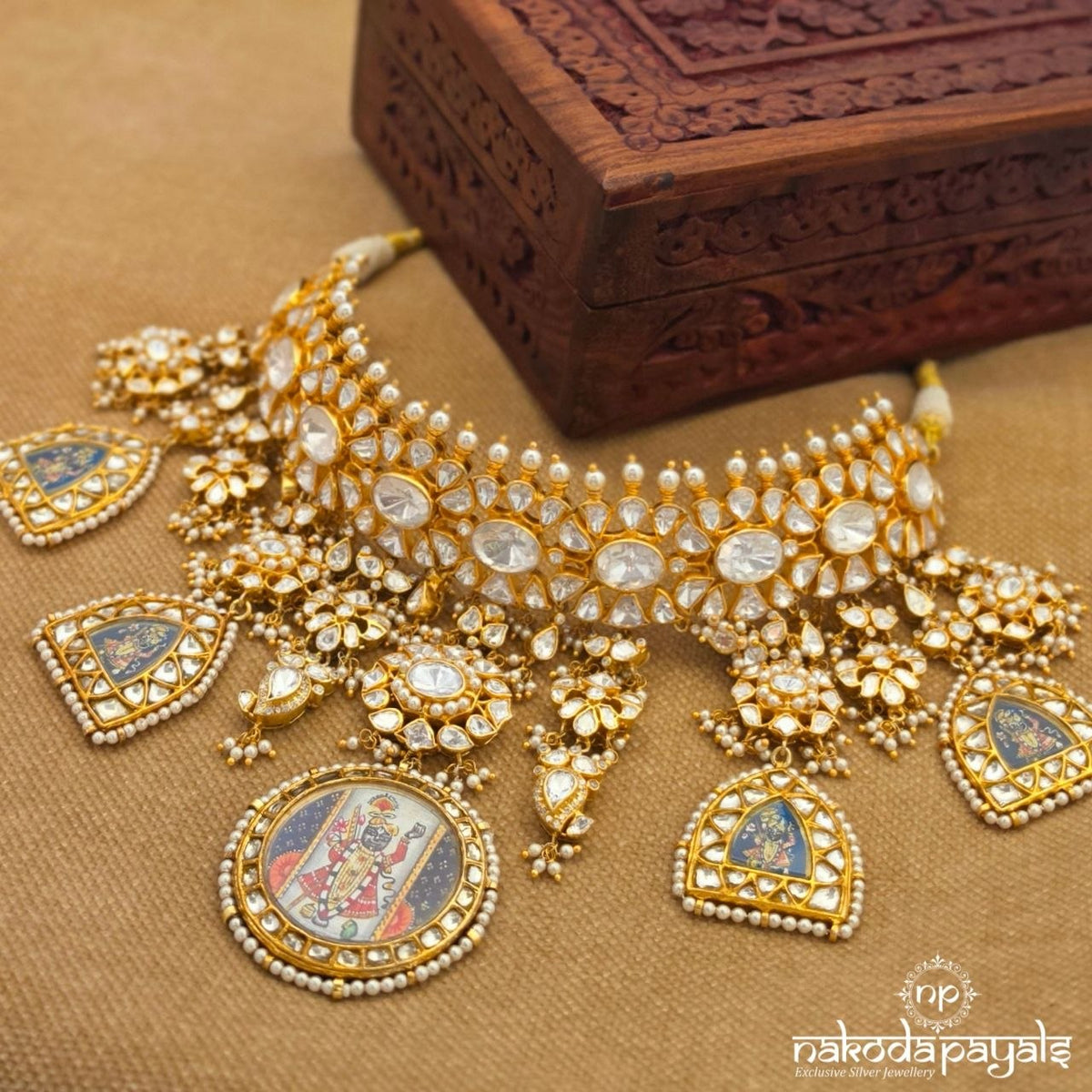 Celestial Moissanite Shreenathji Choker  Neckpiece With Jhumka (Gn10860)