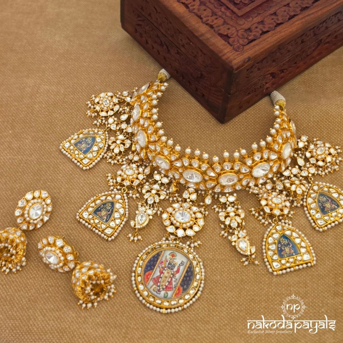 Celestial Moissanite Shreenathji Choker  Neckpiece With Jhumka (Gn10860)