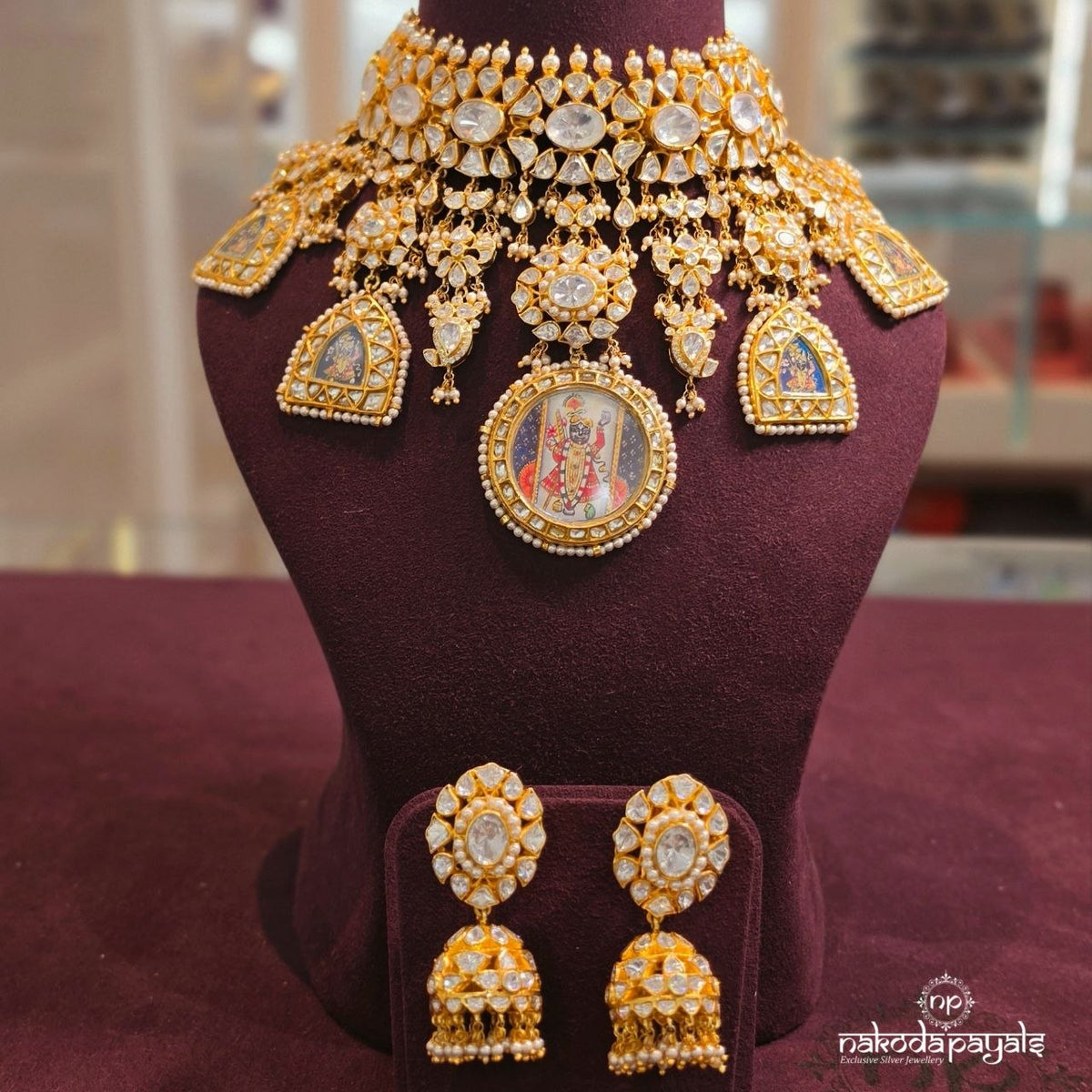 Celestial Moissanite Shreenathji Choker  Neckpiece With Jhumka (Gn10860)