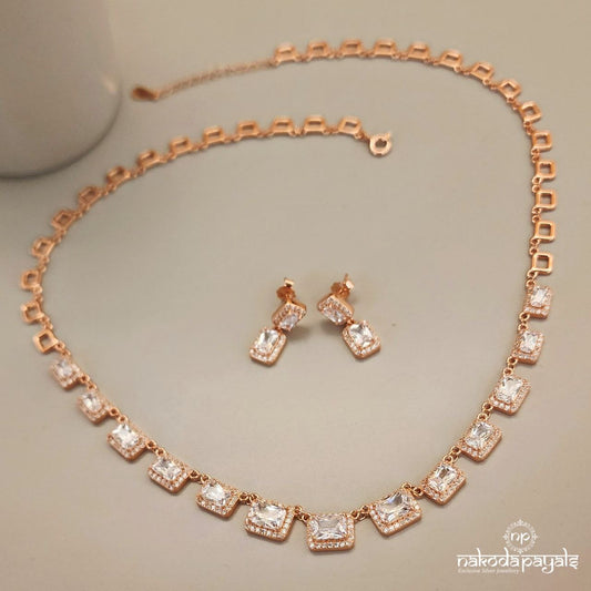 White Crystal Rosegold Neckpiece With Earrings (St3150)