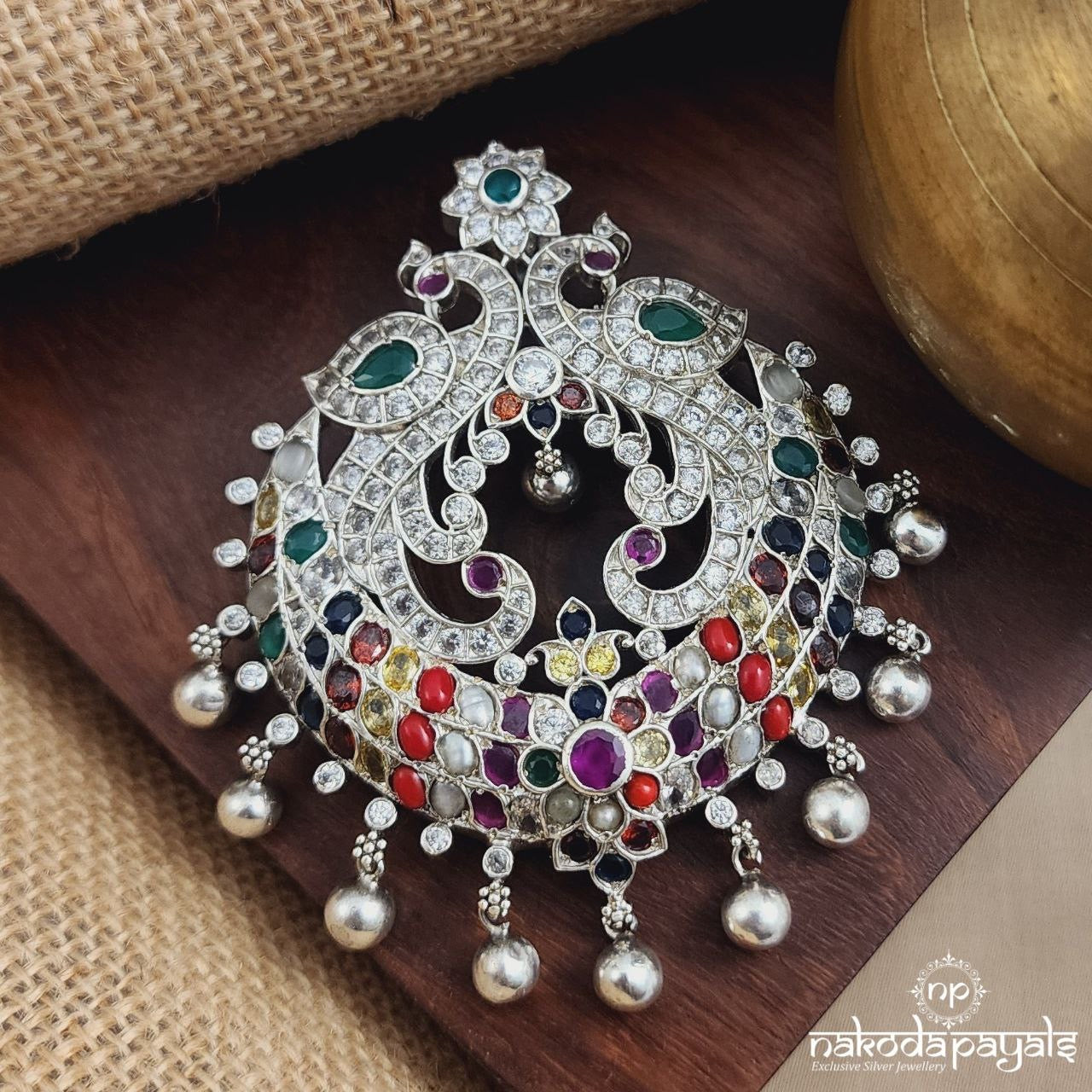 Navaratna Twin Peacock Pendant (P2362)
