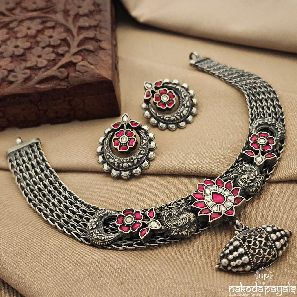 Gracious Pink Peacock Kundan Neckpiece With Earrings (N9731)