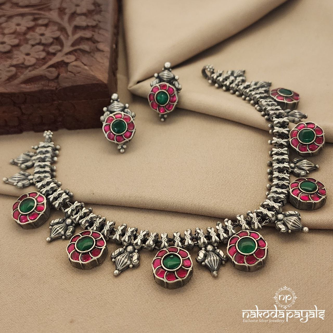 Pretty Pink Floral Kundan Neckpiece With Earrings (N9739)