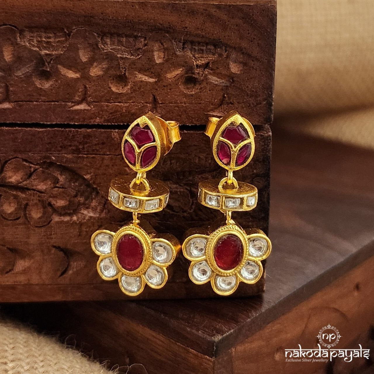 Pink Ring Floral Drop Kundan Earrings (Ge9581)