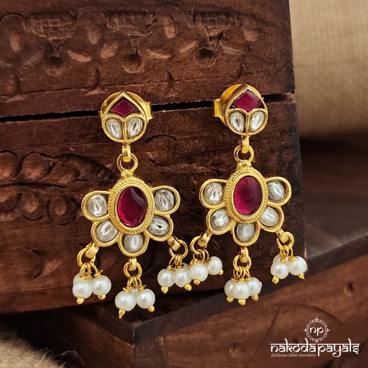 Pink Leafy Pearly Kundan Earrings (Ge9582)
