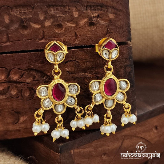 Pink Leafy Pearly Kundan Earrings (Ge9582)