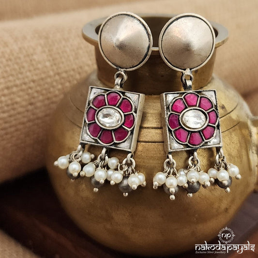 Pink Square Pearl Drops Kundan Earrings (C3598)