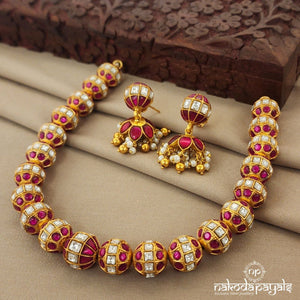 Pink Ball Kundan Neckpiece With Earrings (Ge7442)