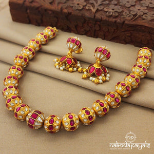 Pink Ball Kundan Neckpiece With Earrings (Gn7454)