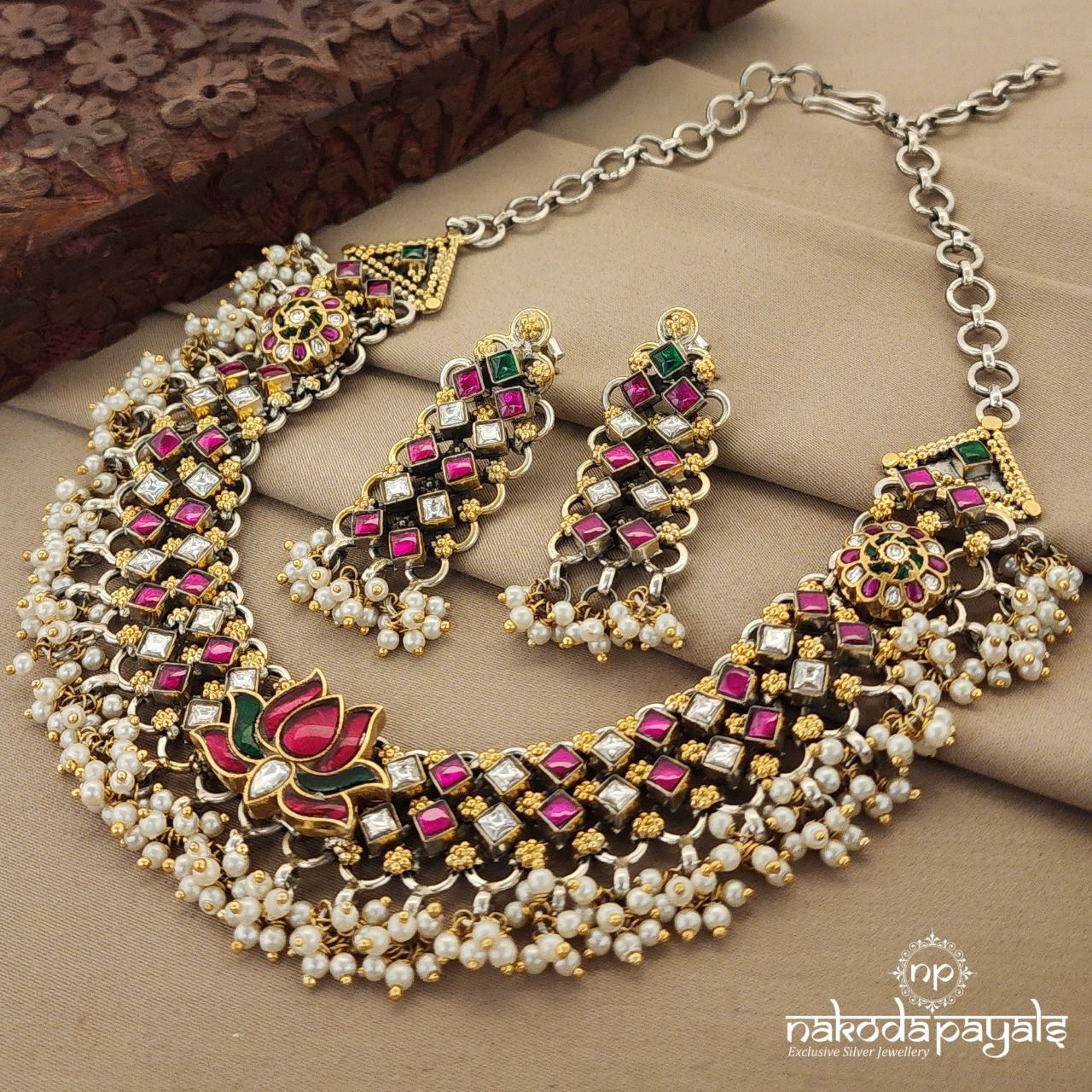 Lotus Dual Tone Kundan Neckpiece With Earrings (N9776)