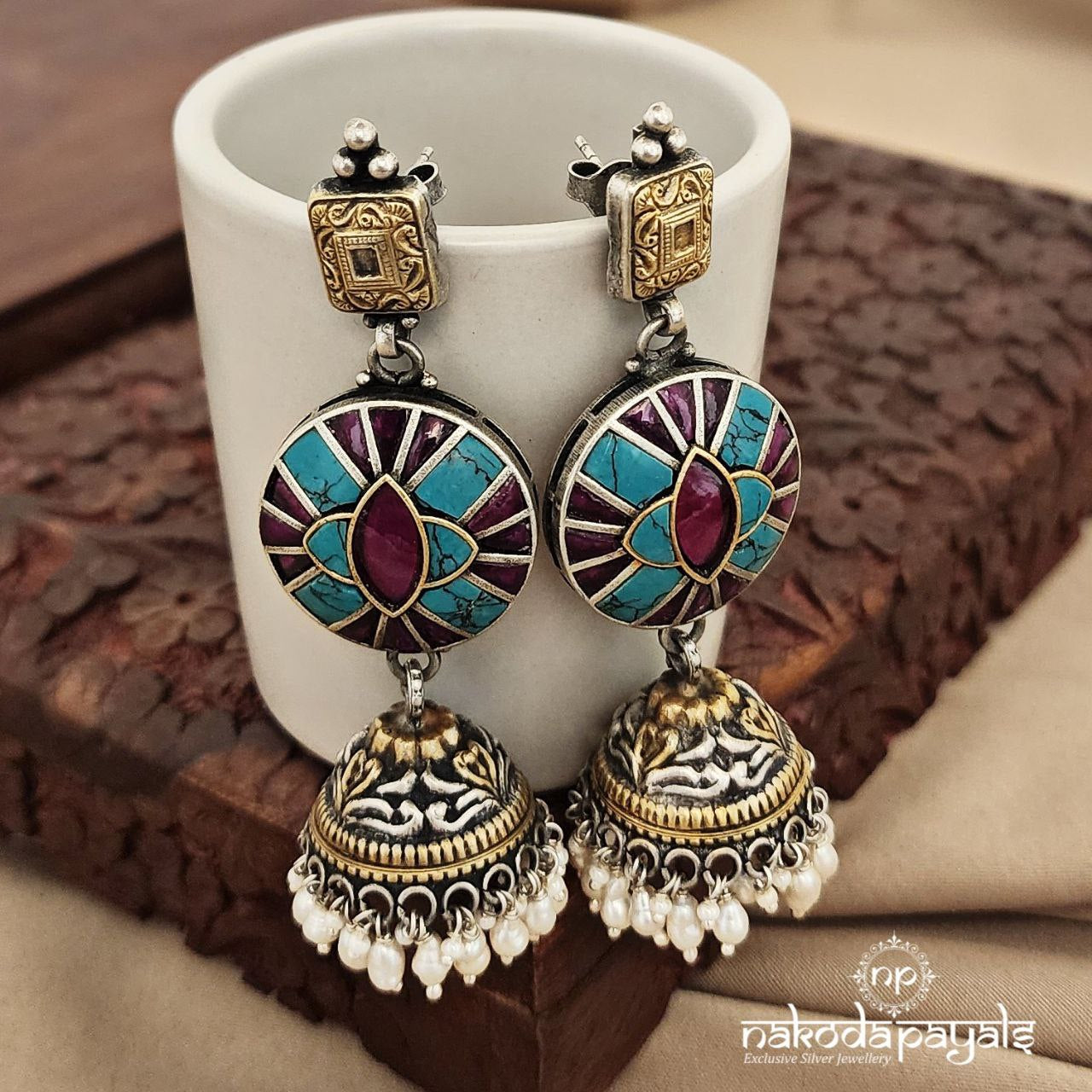 Dual Tone Pearl Kundan Jhumka (J7914)