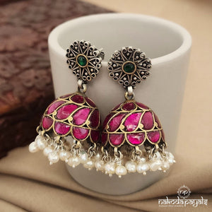 Pink Leafy Kundan Dual Tone Jhumka (J7918)