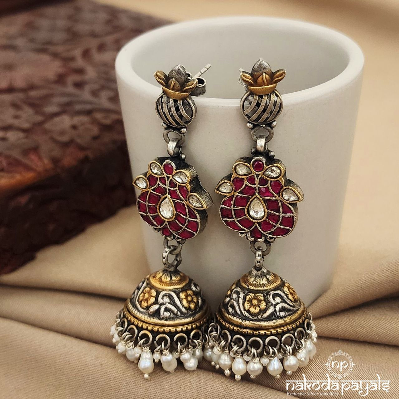 Flower Pot Kundan Dual Tone Jhumka (J7922)