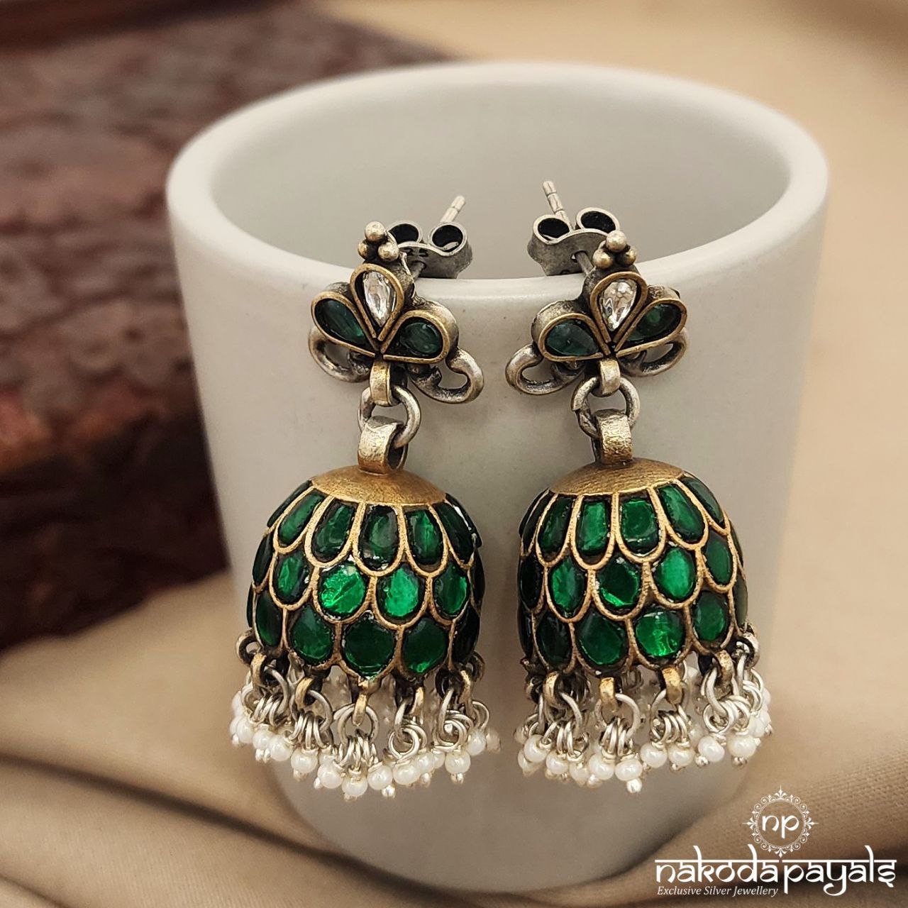 Dark Green Kundan Dual Tone Jhumka (J7925)