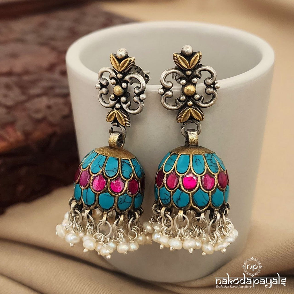 Blue Pink Kundan Dual Tone Jhumka (J7928)