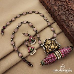 Pink Kundan Ganesha Dual Tone Neckpiece With Earrings (N9787)