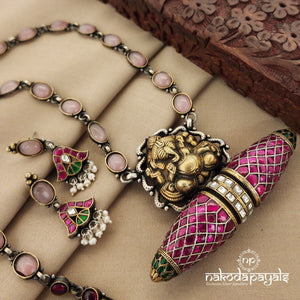 Pink Kundan Ganesha Dual Tone Neckpiece With Earrings (N9787)