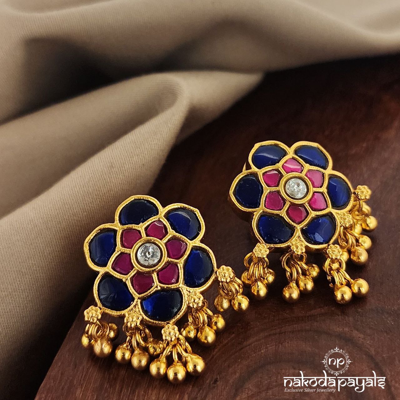 Blue Pink Floral Kundan Studs (Ge7959)