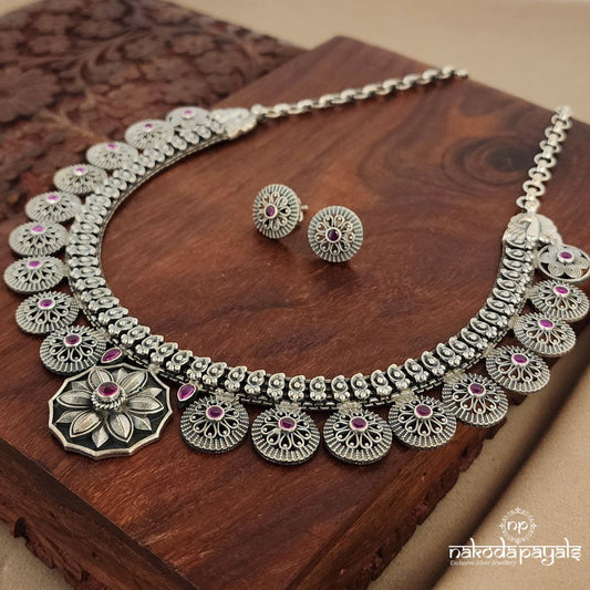 Floral Pink Neckpiece With Earrings (N9792)