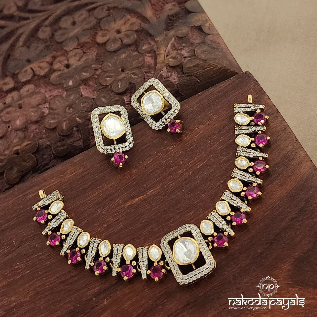 Pretty Pink Moissanite Choker With Earrings (Gn7462)