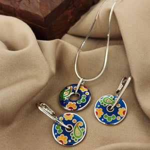 Blue Mango Enamel Pendant With Earrings (St2621)